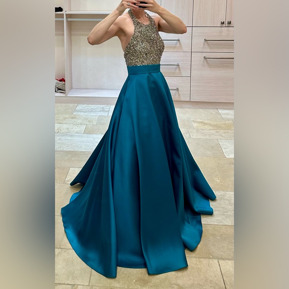 Jovani halter silver and teal evening gown: style #29160